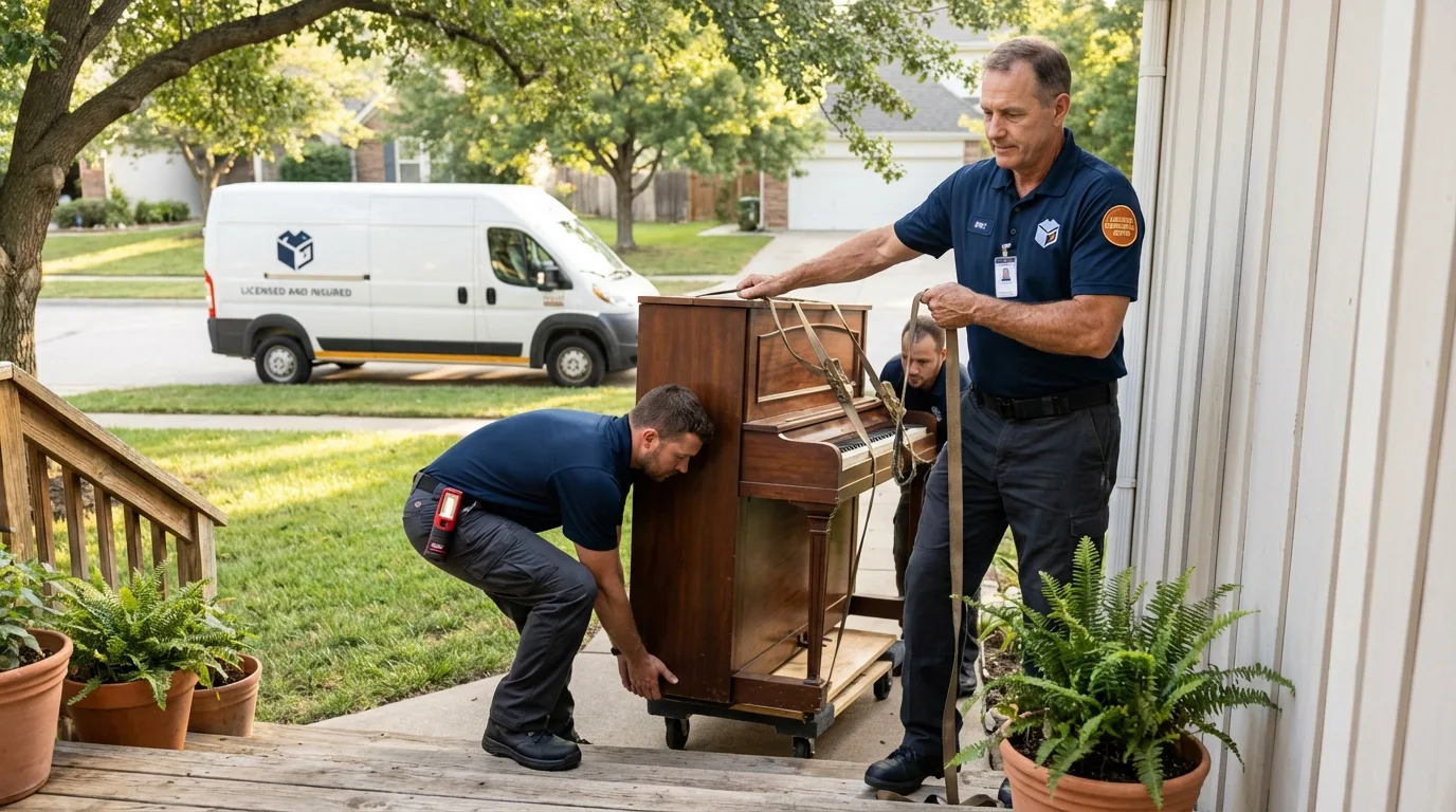 Licensed piano movers securing grand piano in Manchester, TN