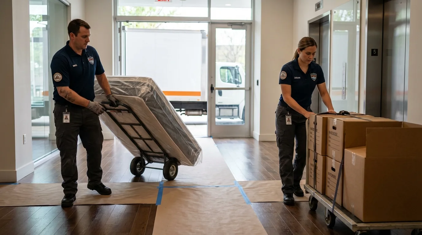 Professional apartment movers loading elevator in Manchester, TN