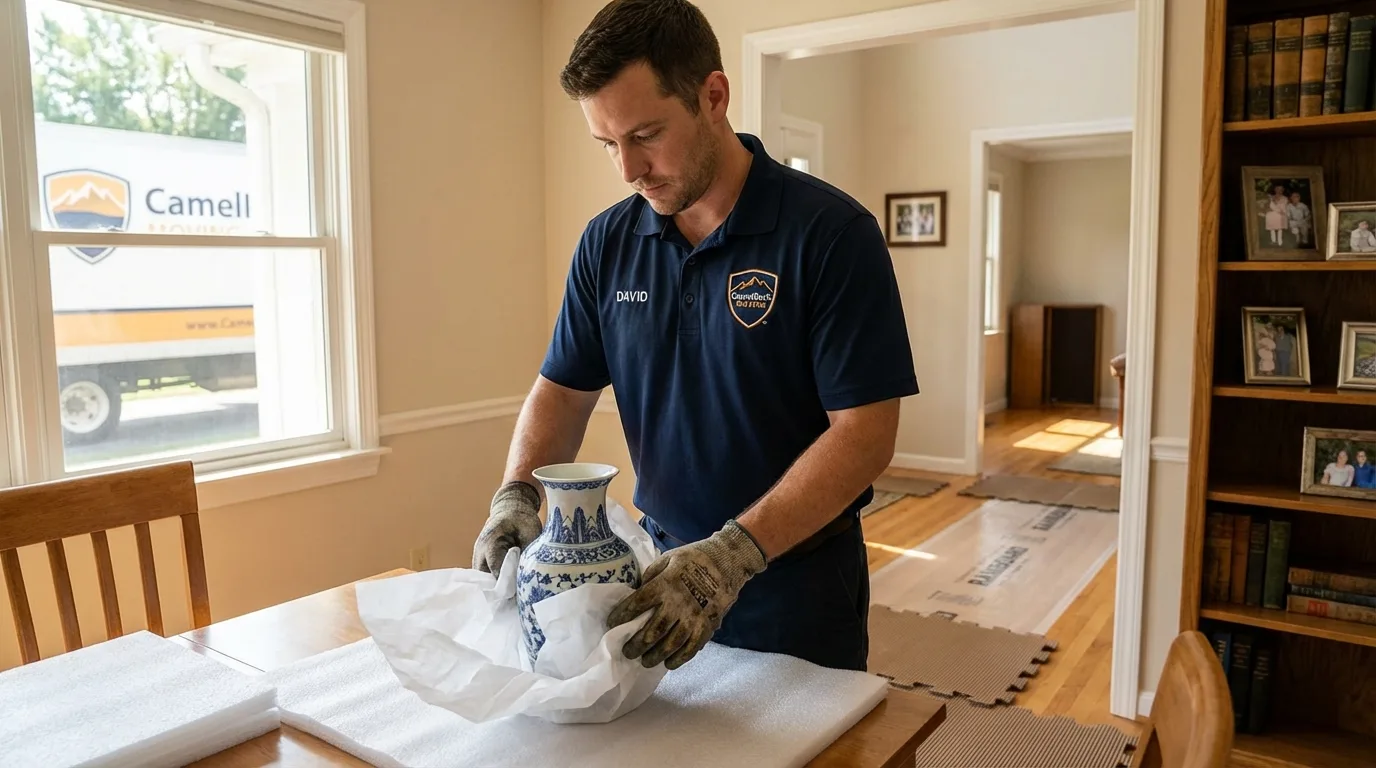 Professional crew carefully wrapping antique vase for senior downsizing move in Manchester, TN
